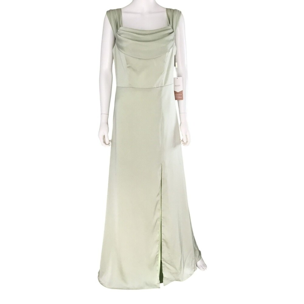 Stacees Gown sz 12 Cowl Neck Satin Maxi Column Bridesmaid Dress Sage Green Slit